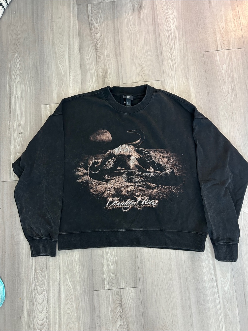 H&M Black Crewneck Sweater with Distressed Graphic